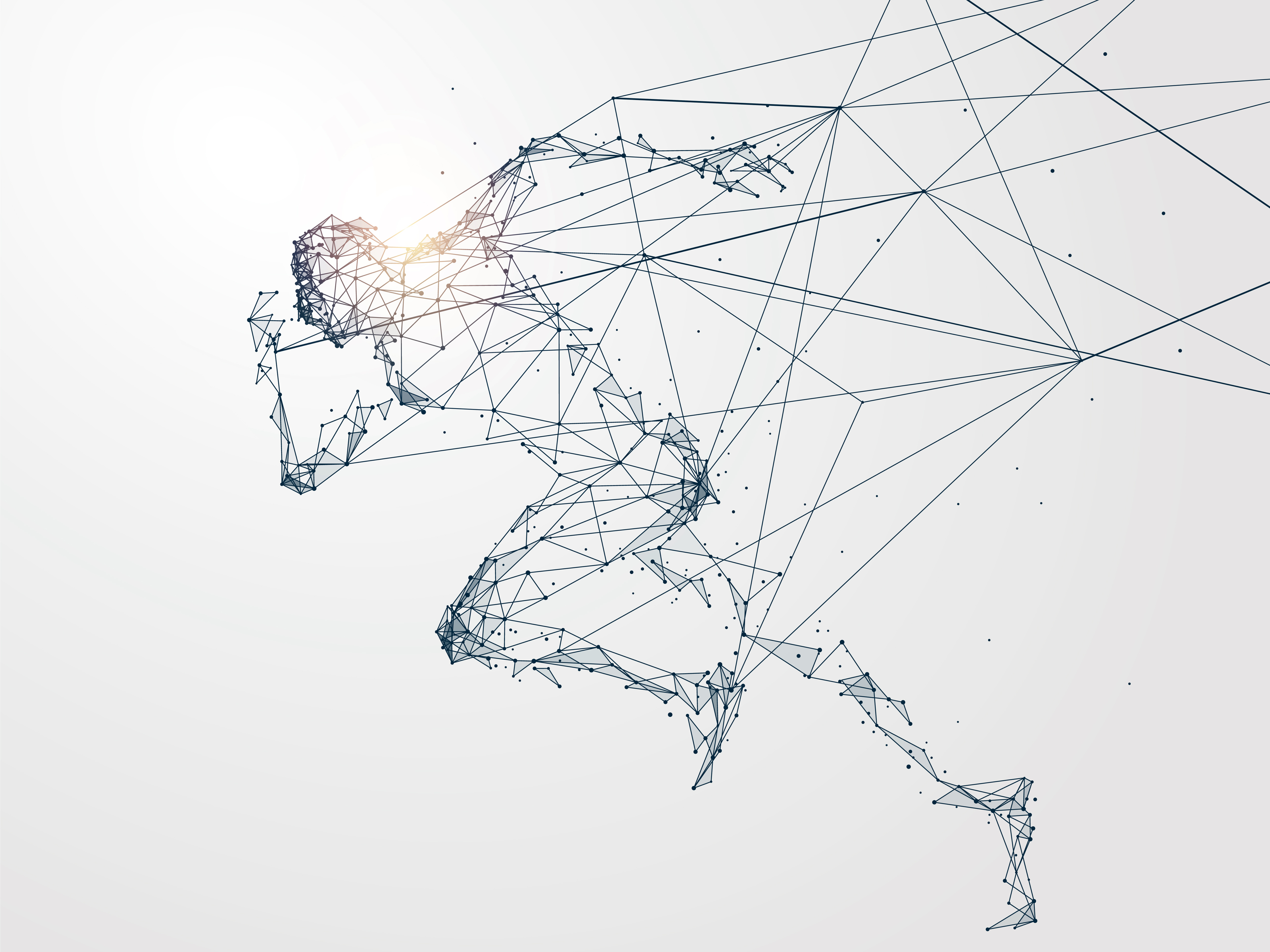 Abstract depiction of a running human figure formed by interconnected lines and dots, symbolising the dynamic nature of digital transformation on a light grey background.